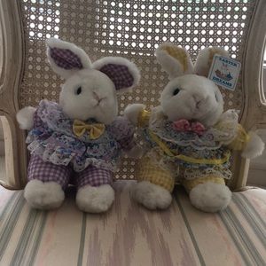 2 NWT Easter Bunny Rabbit White Wearing lace and gingham stuffed animals